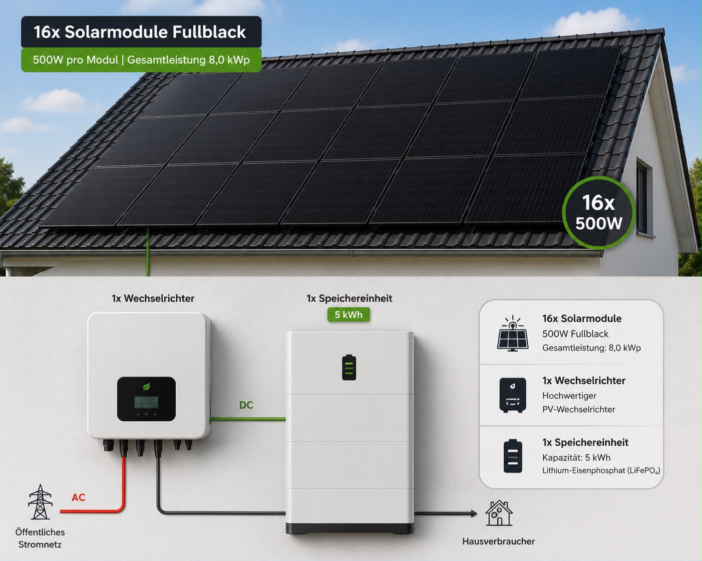 16x500W Sunpro Module / 8x MonatgeSchienen für Ziegeldach inkl 5kWh Speicher!